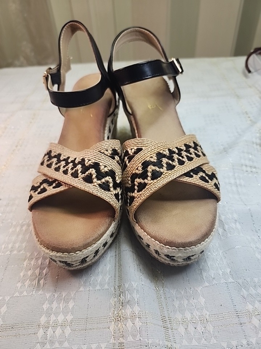 Braided Espadrille Wedge Sandals - Black and Natural